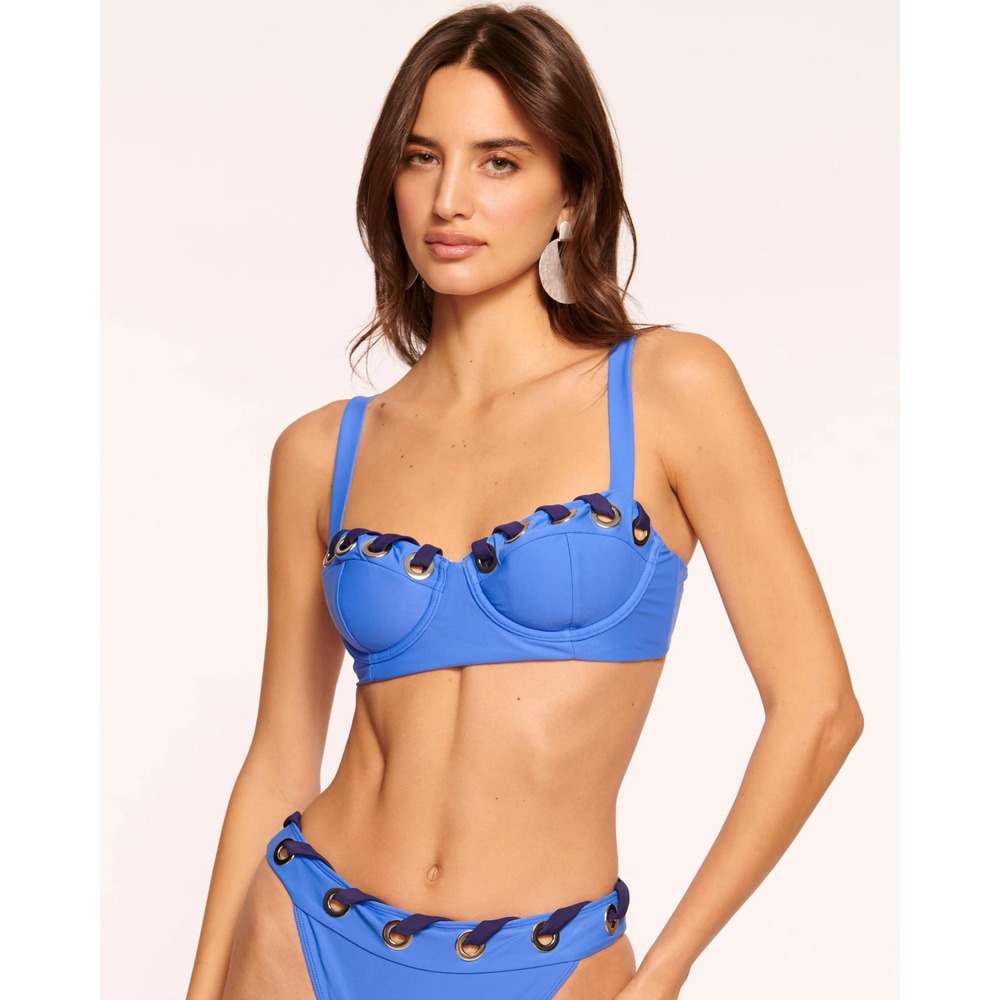 Ramy Brook Ira Blue Bikini Top Eyelet Lace-Up Accent Swim Summer Beach Resort XS